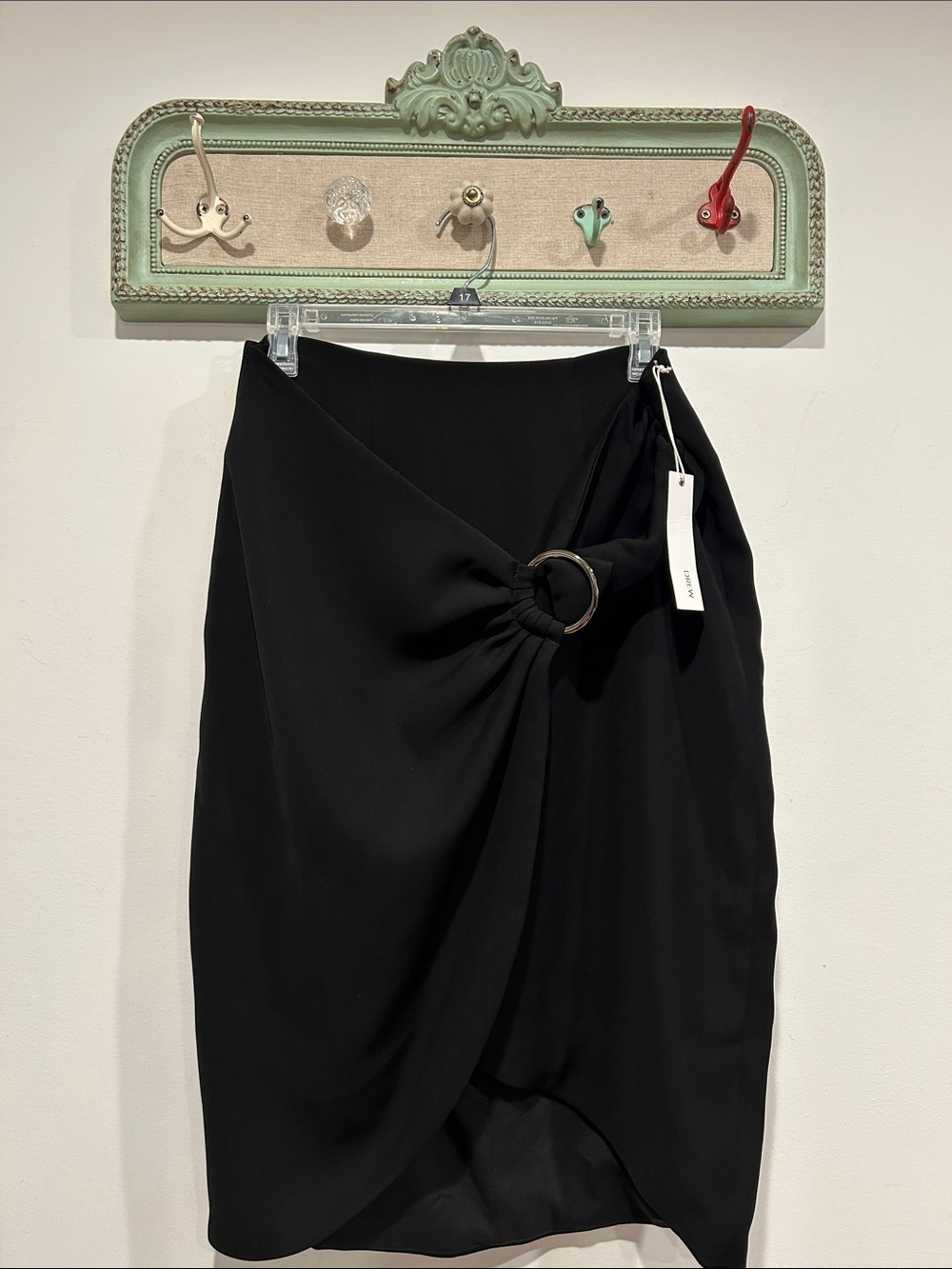 Drew Harlow Draped faux wrap knee length Skirt silver Ring Black Medium new